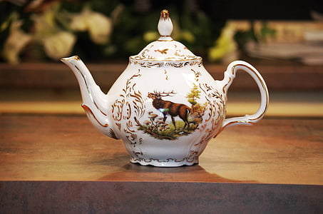 porcelana, bule de chá, enfeite, mão de desenho