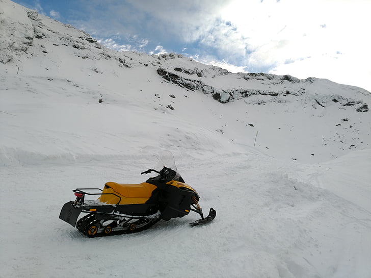 montaña, nieve, moto de nieve, invierno