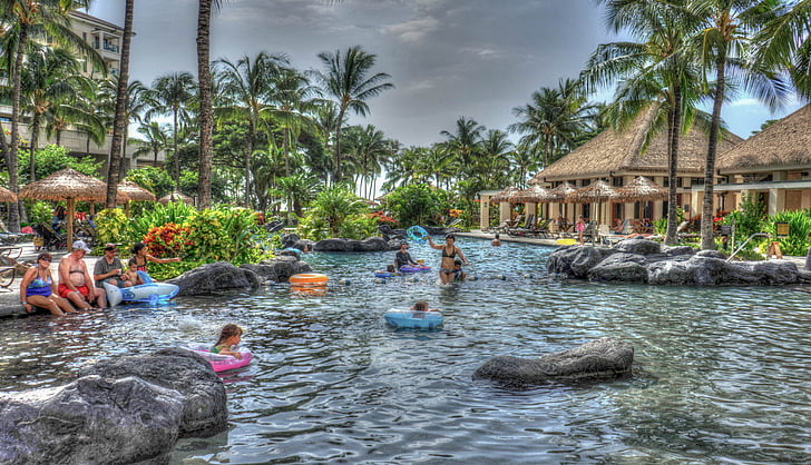 Hawaii, Oahu, Ko olina, Marriott, Resort, medence, az emberek
