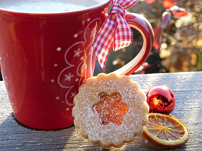 カップ, 赤, コーヒー, ミルク, チョコレート, クッキー, クリスマスのクッキー