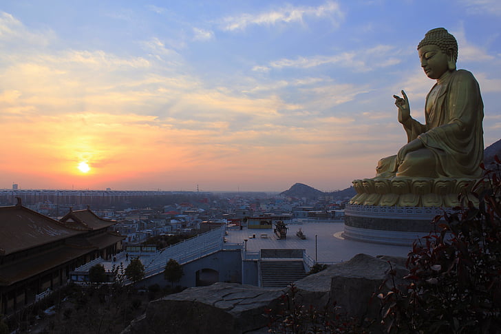 grande Buda, estátuas de Buda, pôr do sol, Crepúsculo, Buda sentado, o tathagata