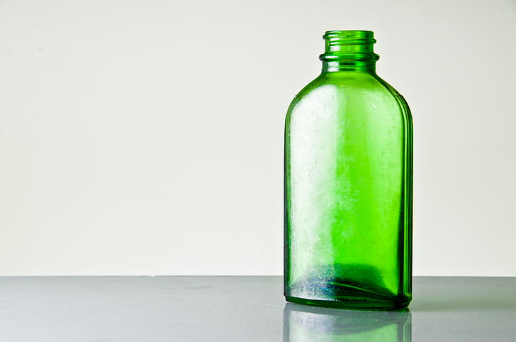 Скло, пляшка, зелений порожній, Вінтаж, прозора, напій, рідина