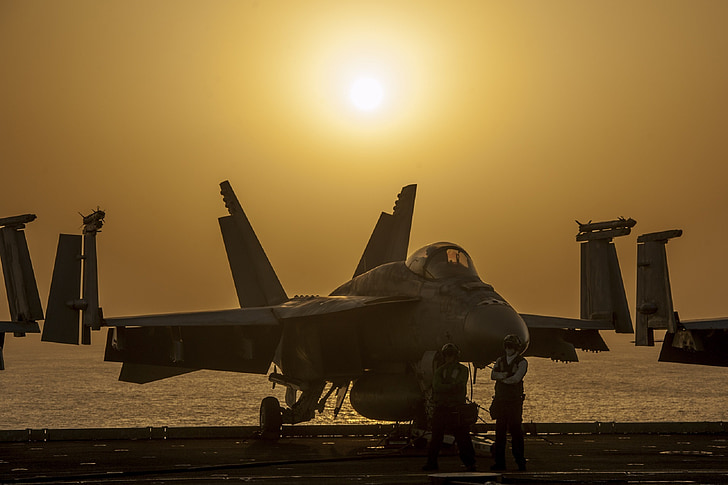 militär jet, solnedgång, siluett, flygplan, f-18, Super hornet, besättning