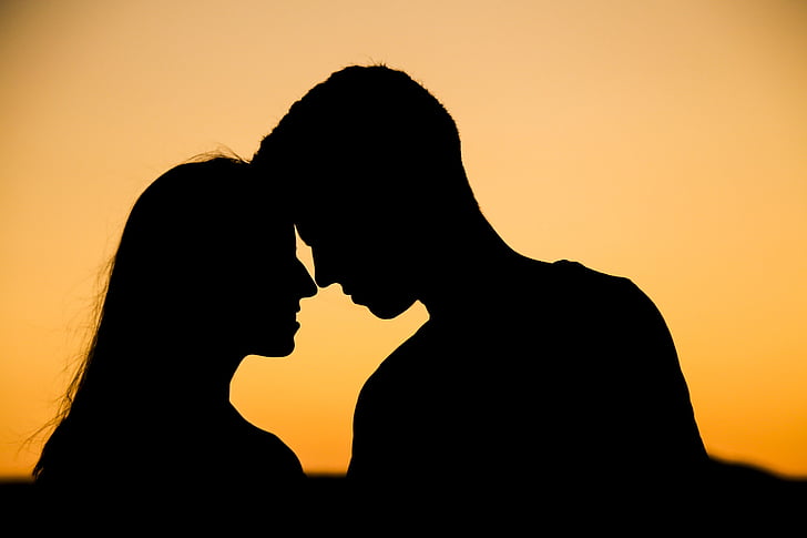 silhouette, love, devotion, two people, heterosexual couple, kissing, togetherness