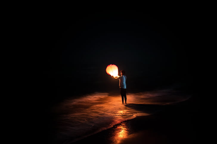 person, holding, lantern, night, dark, light, balloon