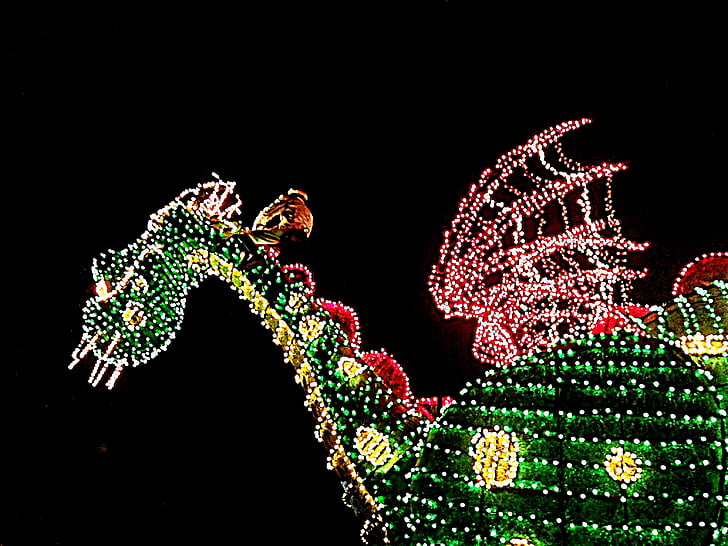 mundo de Disney, Dragón de Petes, Desfile de luz, vacaciones, colorido, Dragón, luces