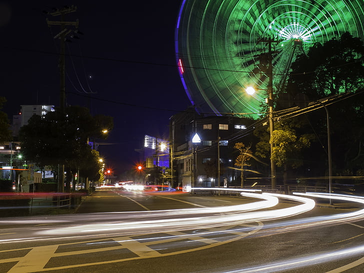 pariserhjul, Osaka, Japan, bybilledet, lys, motion, nat