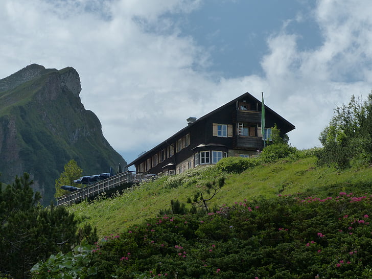 choza de Landsberger, Refugio de montaña, Cabaña, montañas, Alpine, encaje rojo, vilsalpseeberge