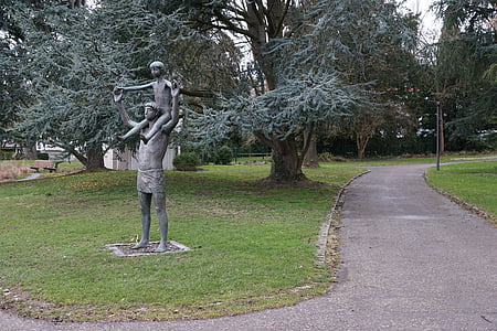 statue, child, on the shoulders, man, family, play, figures