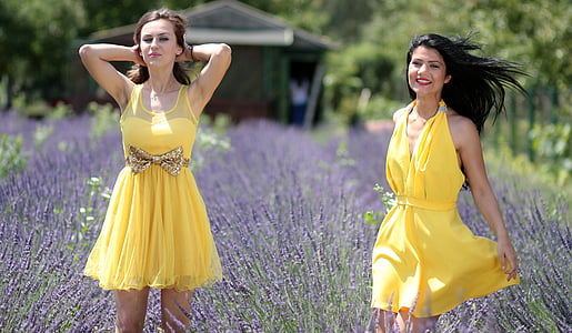 女孩, 熏衣草, 两个, 连衣裙, 黄色, 美, 妇女
