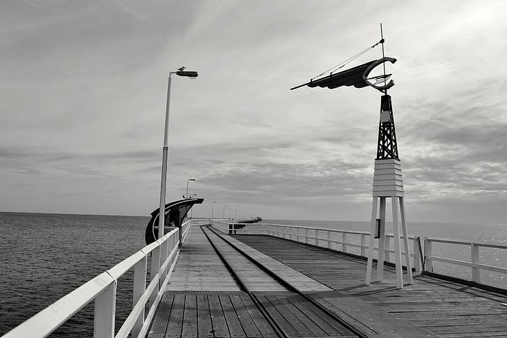 black-and-white, bridge, coast, jetty, landing stage, long walk, ocean