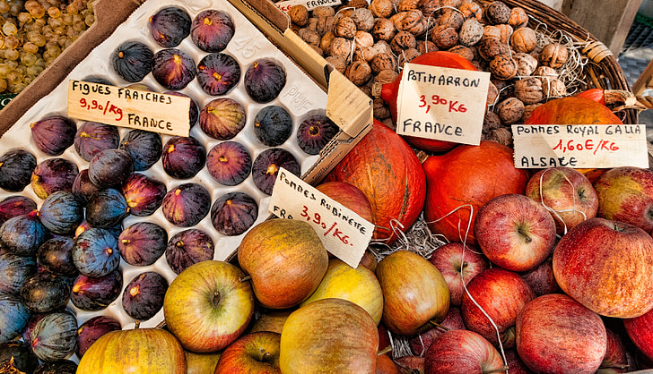 frukt, Frankrike, marknaden, fikon, äpplen, Alsace, valnötter