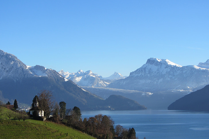panorama över bergen, vandra, vinter, Weggis, Alpin, bergen