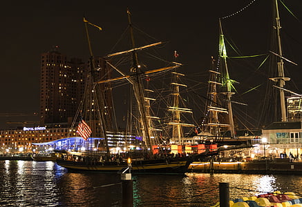 Baltimore, natt, skymning, staden, Urban, båt, fartyg