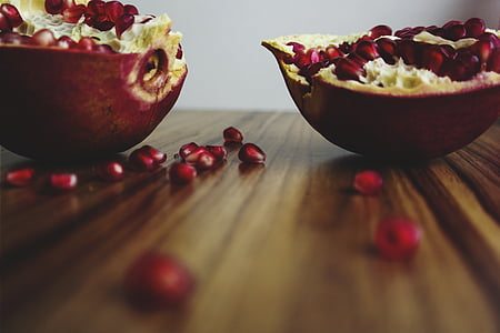 food, fruit, pomegranate, table, wood