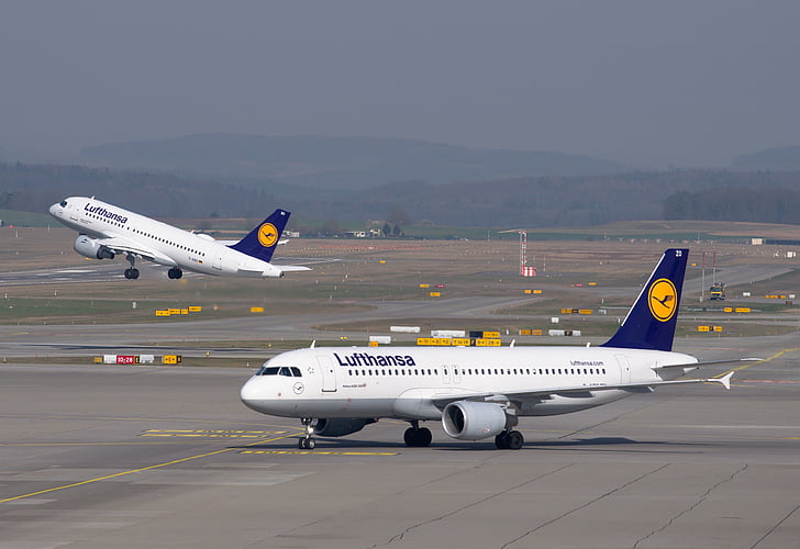Lufthansa, repülőgép, repülőtér, indulás, Airbus, A320, Zürich