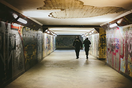 concrete surface, graffiti, night, patrol, people, police, police officers
