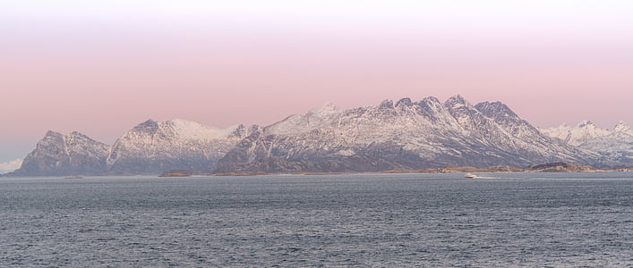 Norge, kystlinje, fjorden, solnedgang, sjøen, fjell, snø