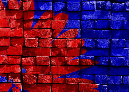 art, artwork, blue, brick wall, bricks, red, wall
