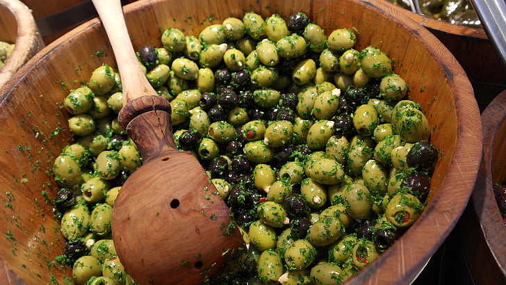 olives, green, grüne, blue, filled, drupes, market