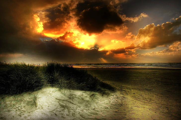 Severní moře, slunce, Já?, pláž, Západ slunce, voda, duny