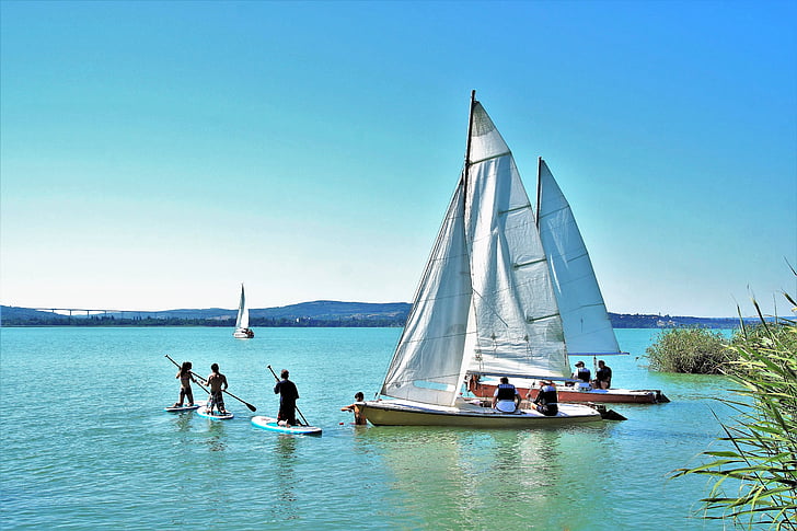 sailing boat, ship, balaton, yacht, stand up paddle, water sport, paddle boarding