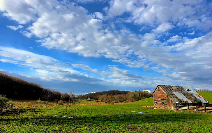 farm, sky, building, structure, wooden, rural, field