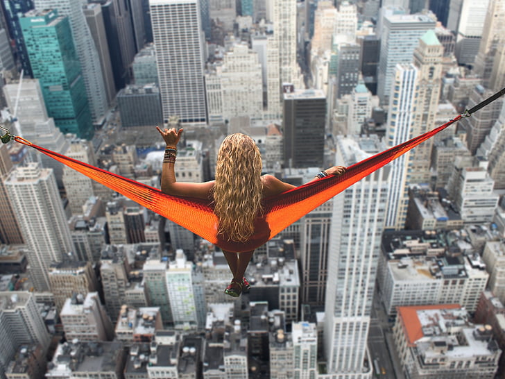 New york, ženska, viseča mreža, sprostitev, Sprostite, pogled, omamljanje