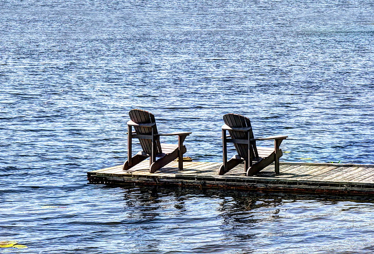 Lake, dok, stoelen, zomer, Cottage, water, landschap