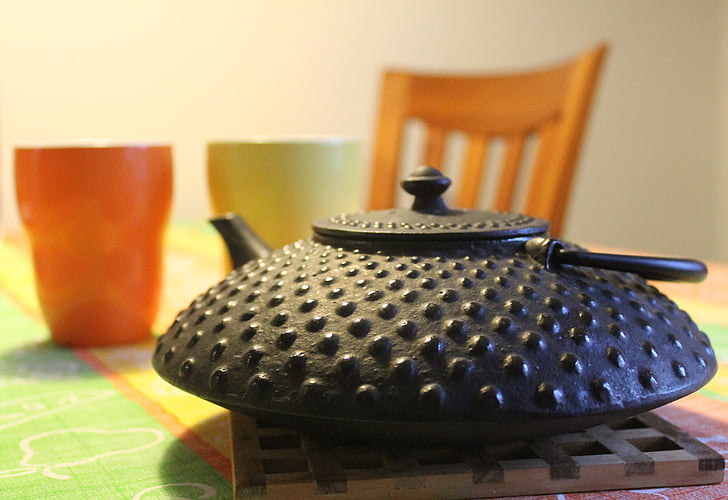 teapot, tea, mugs, pot, cast iron, cup, drink