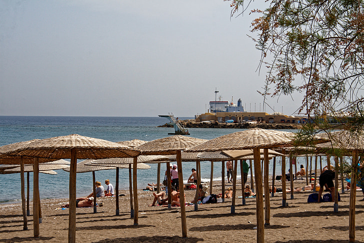 Grécia, Rhodes, mar, água, praia, parasol, palha