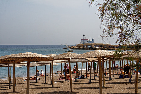 greece, rhodes, sea, water, beach, parasol, straw