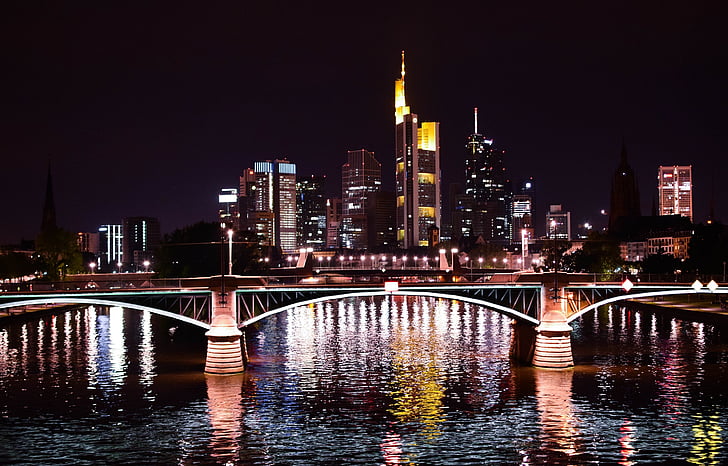 frankfurt, germany, night, reflection, bridge, main river, skyline