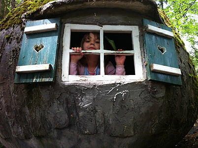children, play, treehouse, window, fairy tale park, forest, girl
