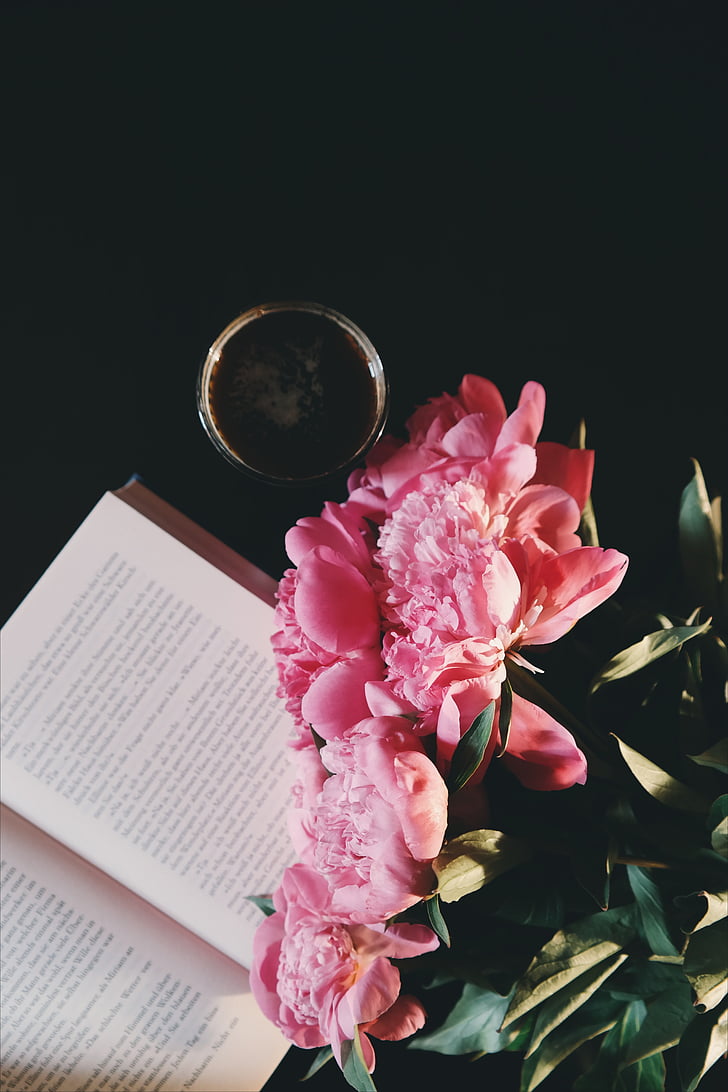 black table, book, books, coffee, cup of coffee, drinks, peonies