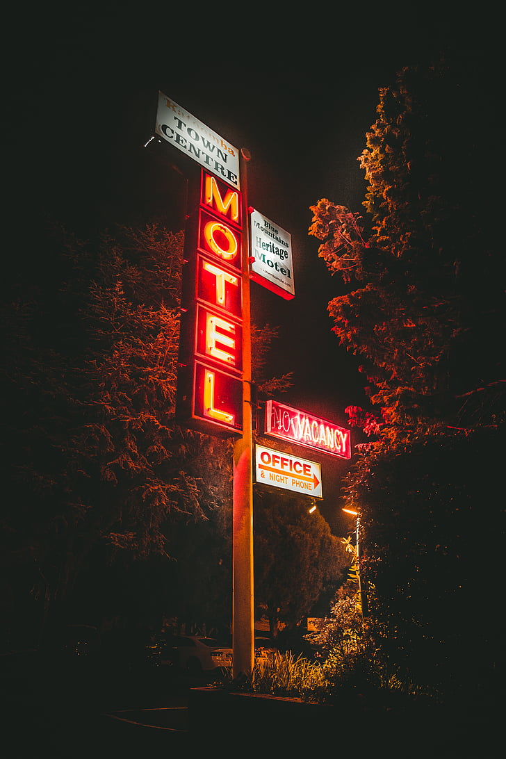 Motel, éclairé, panneaux de signalisation, nuit, Sky, arbre, néon