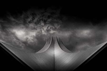 architecture, art, black-and-white, clouds, low angle shot, perspective, abstract