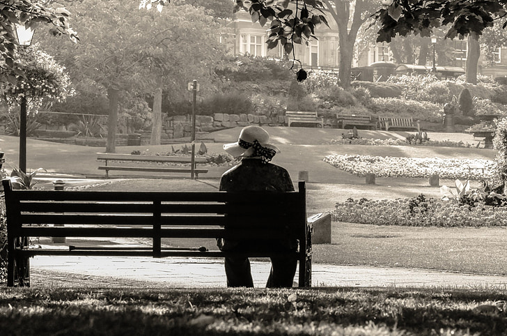 women, lady, old, hat, sit, alone, abandoned