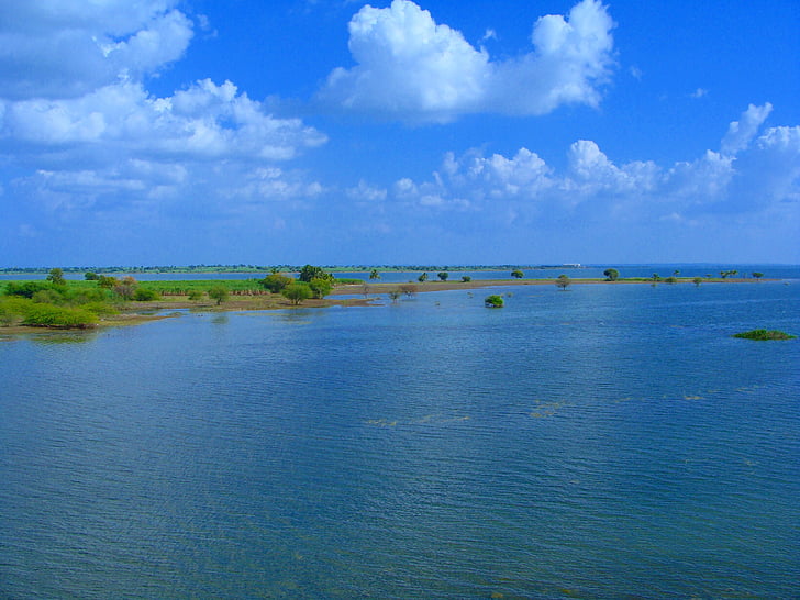 fiskebåt, sjön, reservoar, floden, Krishna, sandrev, ön