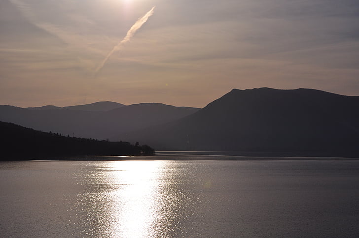 Lago, Kastoria, tramonto, crepuscolo, montagna, acqua, superficie