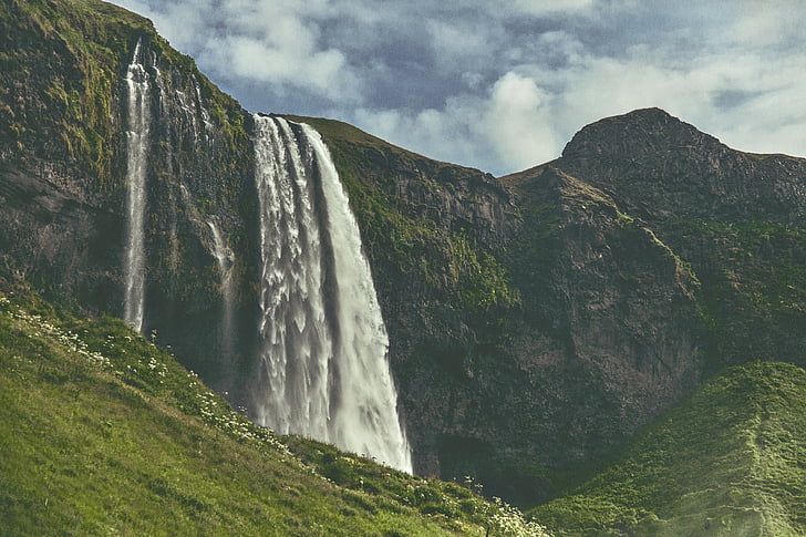 grass, landscape, mountain, nature, scenic, waterfalls, waterfall