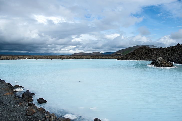 Lac, bleu, Islande, eau, nuages, horizon