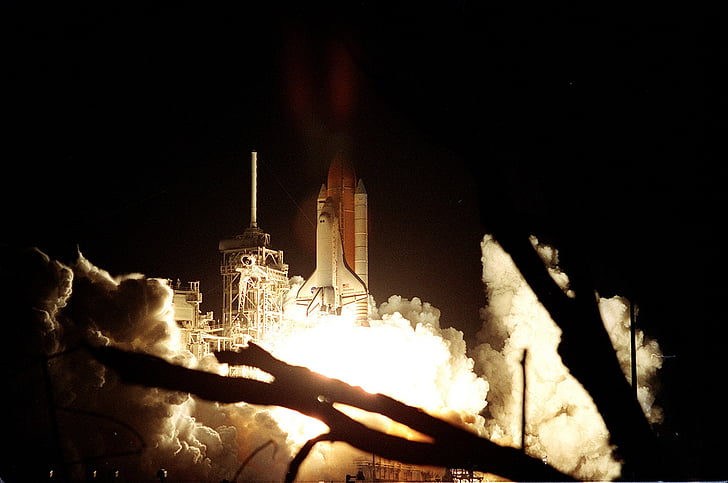 launch, space shuttle, discovery, liftoff, night, reflection, spaceship