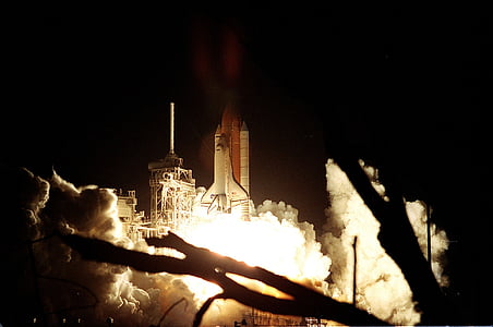 peluncuran, pesawat ulang-alik, penemuan, lepas landas, malam, refleksi, pesawat ruang angkasa