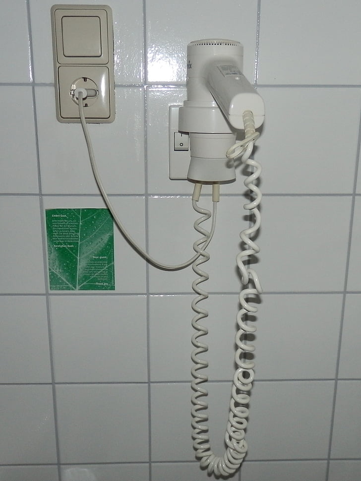 bad, tiles, weis, socket, plug, power cable, hairdryer