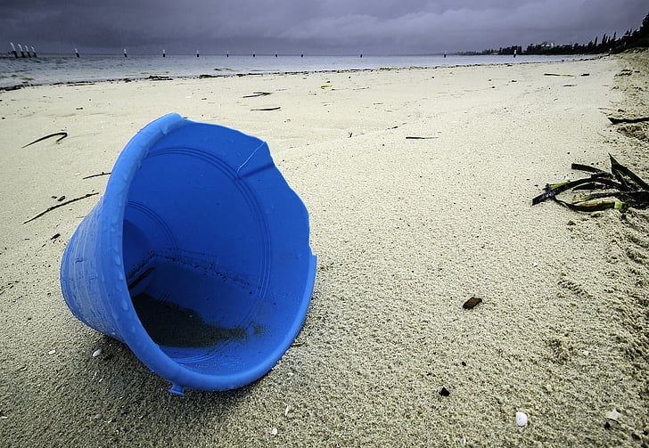 beach, abandoned, bucket, sand, coast, plastic, shore
