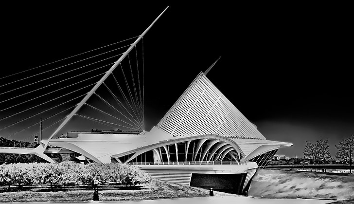 museet, Santiago calatrava, arkitektur, svart med vit, Milwaukee, staden, Urban