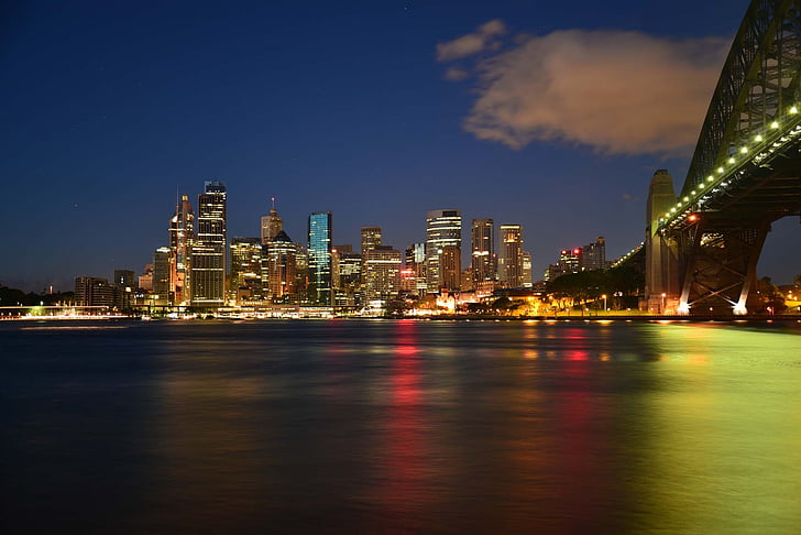 milsons bod, Sydney, Austrálie, Sydney opera house, Sydney harbour, noční světla, reflexe