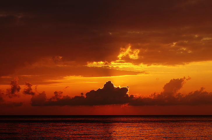 západ slnka, Ocean, more, Orange, žiara, Farba, oblaky