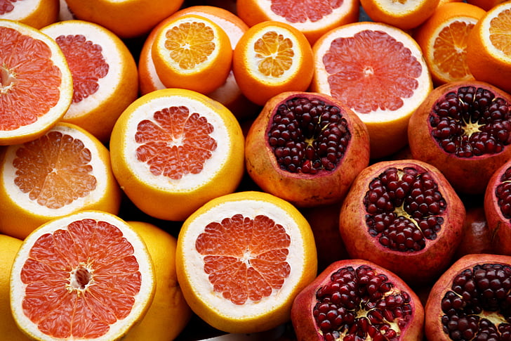 Citrus, apelsinid, Granaatõunad, Greip, seemned, puu, värske